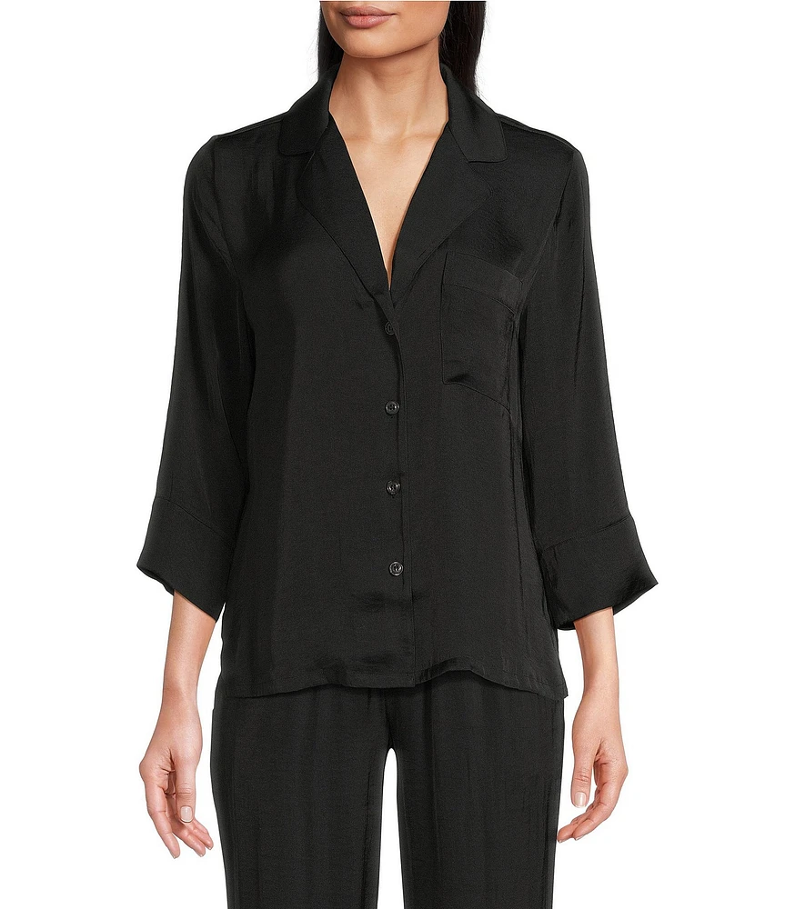 VAN WINKLE & CO. Long Sleeve Notch Collar Solid Satin Coordinating Sleep Top