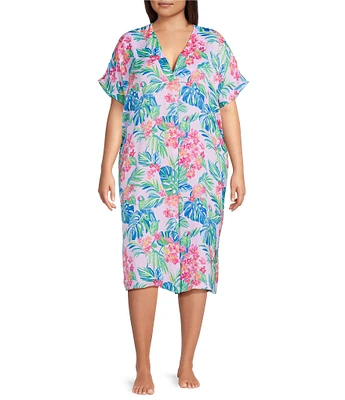VAN WINKLE & CO. Plus Size Jungle Parrot Print V-Neck Short Dolman Sleeve Satin Midi Caftan