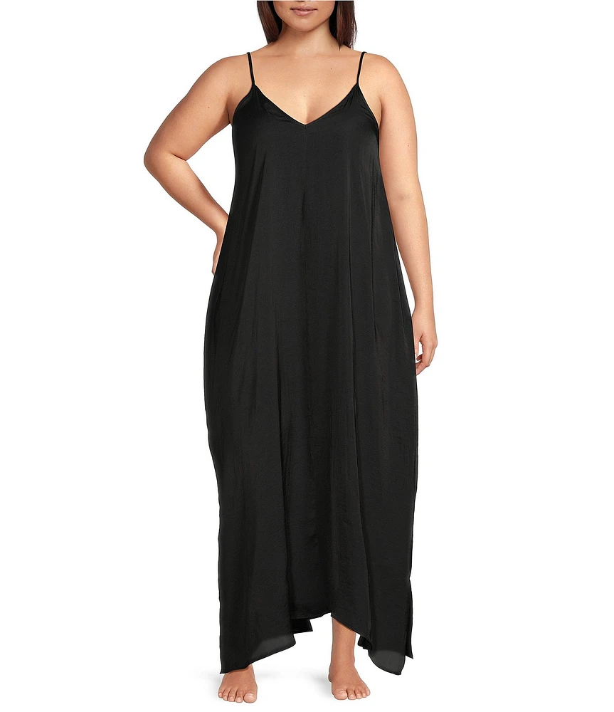 VAN WINKLE & CO. Plus Size Solid Washed Satin Sleeveless V-Neck Maxi Chemise