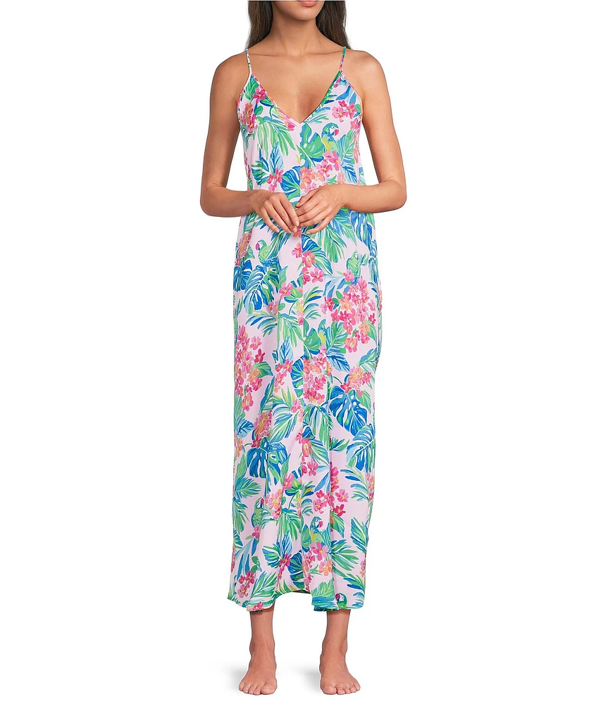 VAN WINKLE & CO. Satin Jungle Parrot Tropcial Print Sleeveless V-Neck Maxi Chemise