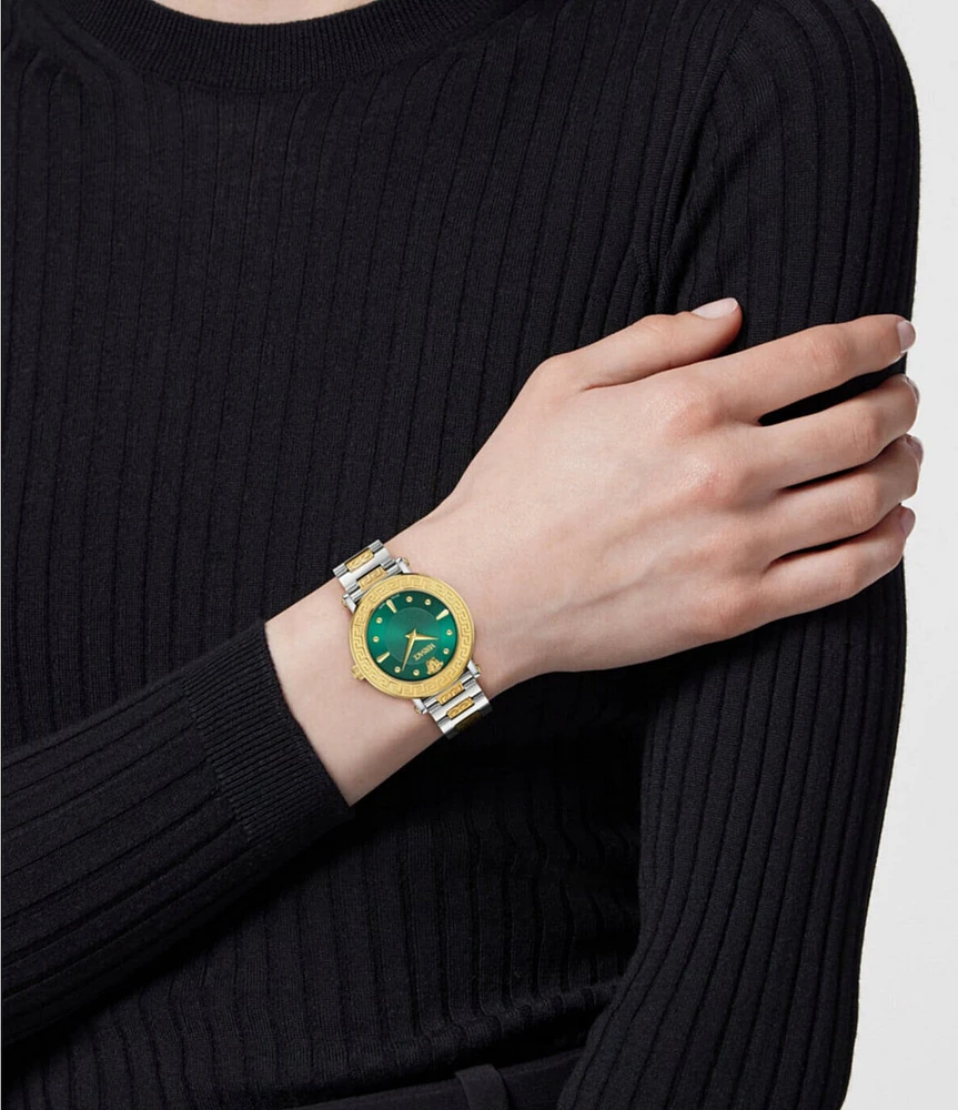 Versace Women's Greca Sphere Analog Royal Green Dial Two Tone Stainless Steel Bracelet Watch