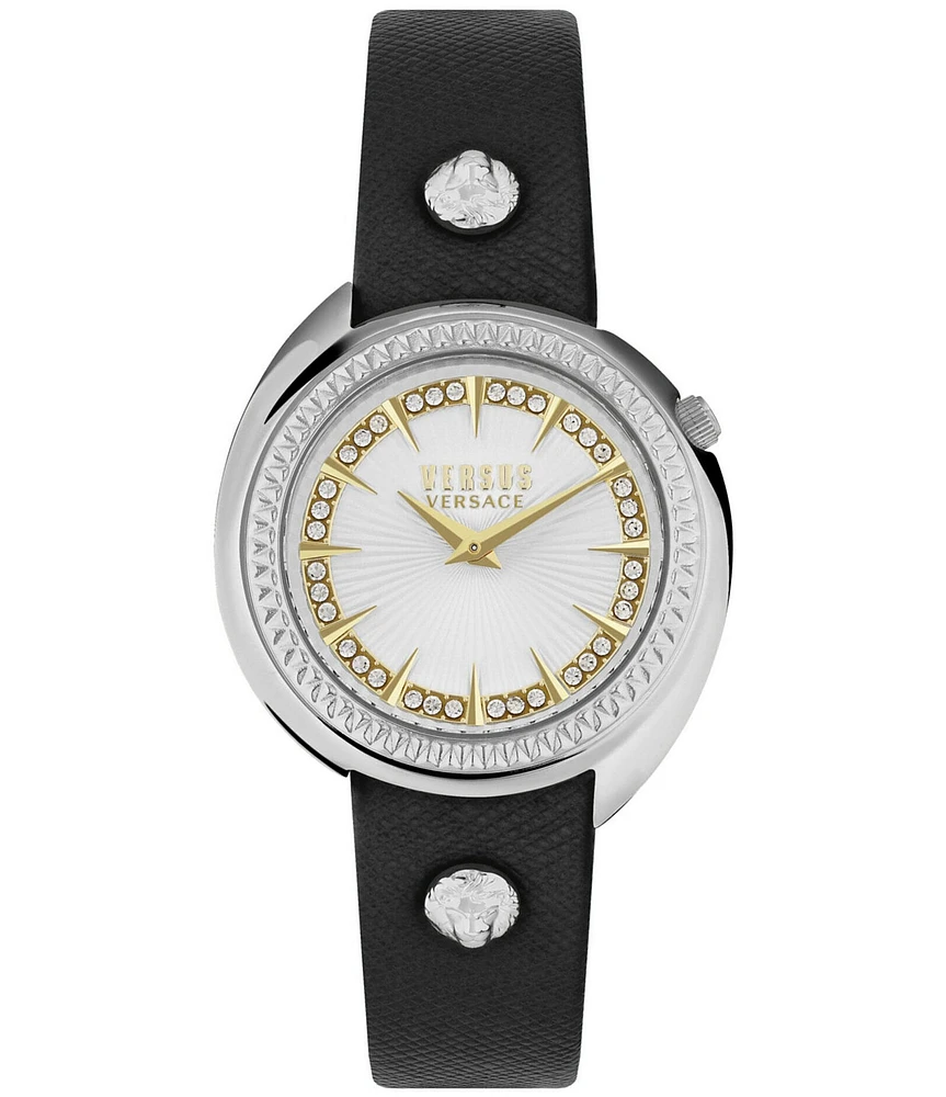 Versus By Versace Women's Tortona Crystal Two Hand Black Leather Strap Watch