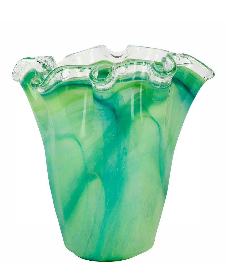 VIETRI Onda Glass Green Ruffled Vase