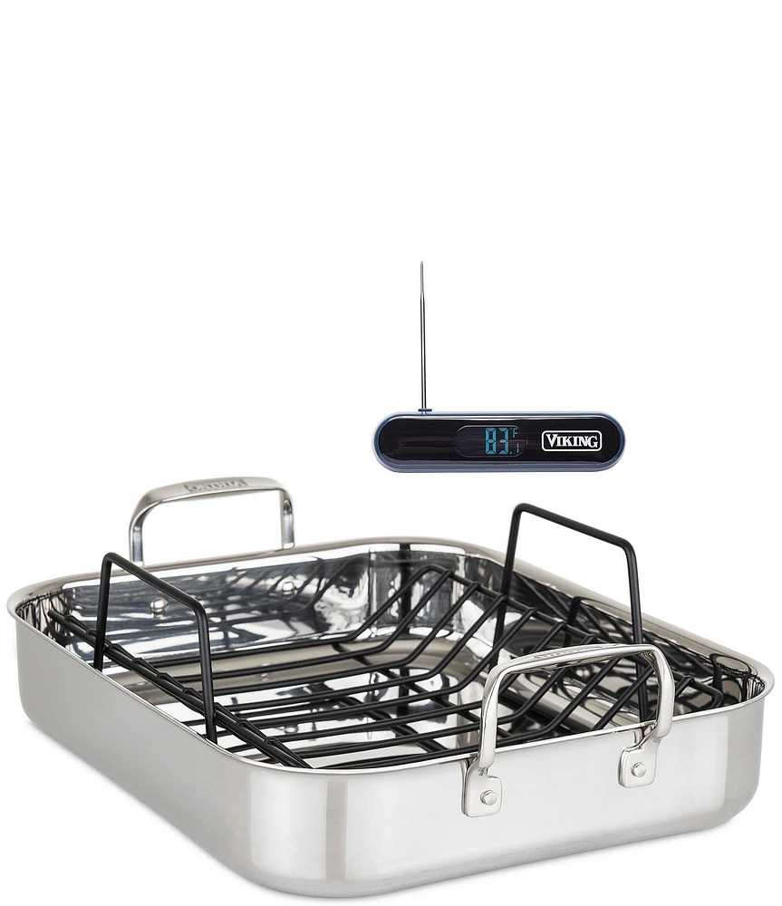 Viking 3-Ply Stainless Steel Roaster with Rack and Bonus Digital Thermometer