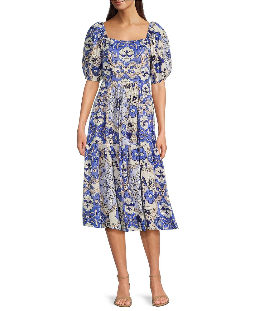 Vince Camuto Floral Print Square Neck Short Puff Sleeve A-Line Midi Dress