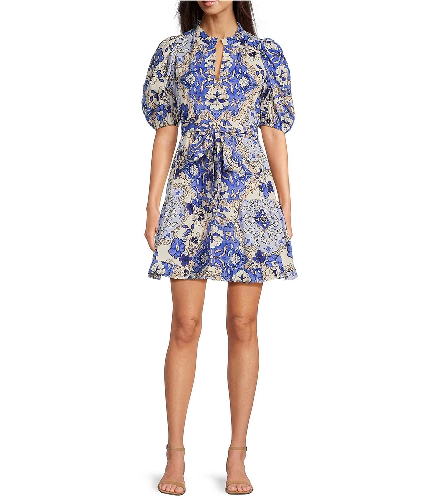 Vince Camuto Floral Print V-Neck Short Sleeve Tie Waist Dress