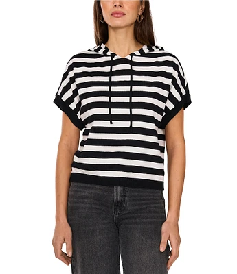 Vince Camuto Knit Striped Crew Neck Short Sleeve Hoodie