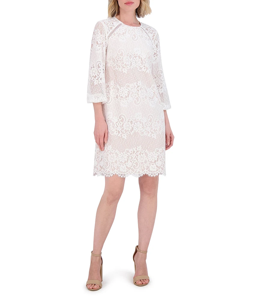 Vince Camuto Lace Round Neck Long Sleeve Scalloped Shift Dress