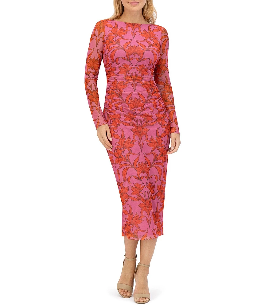 Vince Camuto Mesh Floral Boat Neck Long Sleeve Bodycon Midi Dress