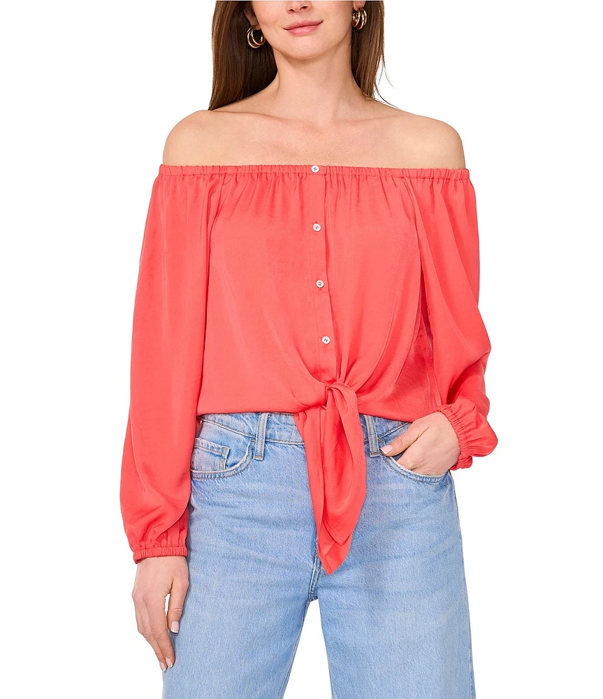 Vince Camuto Off-The-Shoulder Long Sleeve Button Tie Front Blouse