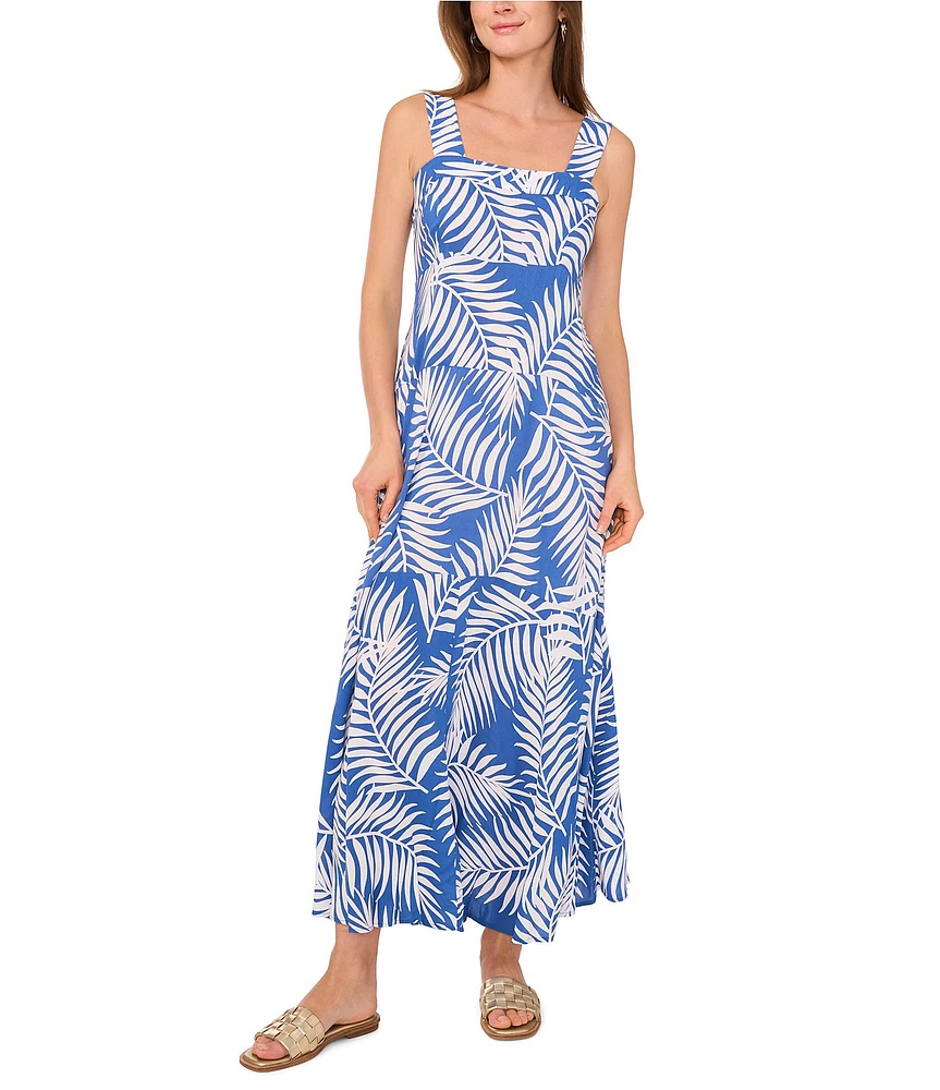 Vince Camuto Tropical Palm Print Square Neck Sleeveless Maxi Shift Dress