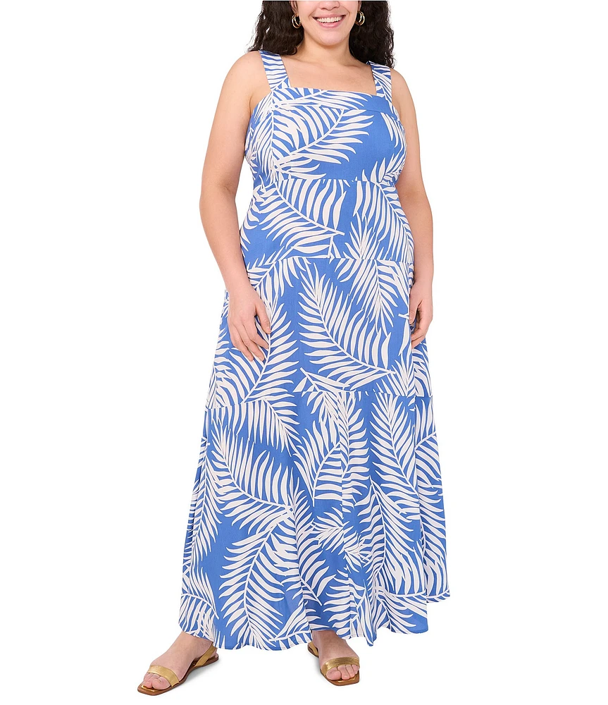 Vince Camuto Plus Size Tropical Palm Print Square Neck Sleeveless Maxi Shift Dress