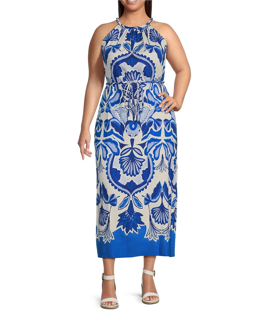 Vince Camuto Plus Size Printed Halter Neck Sleeveless Belted Maxi A-Line Dress