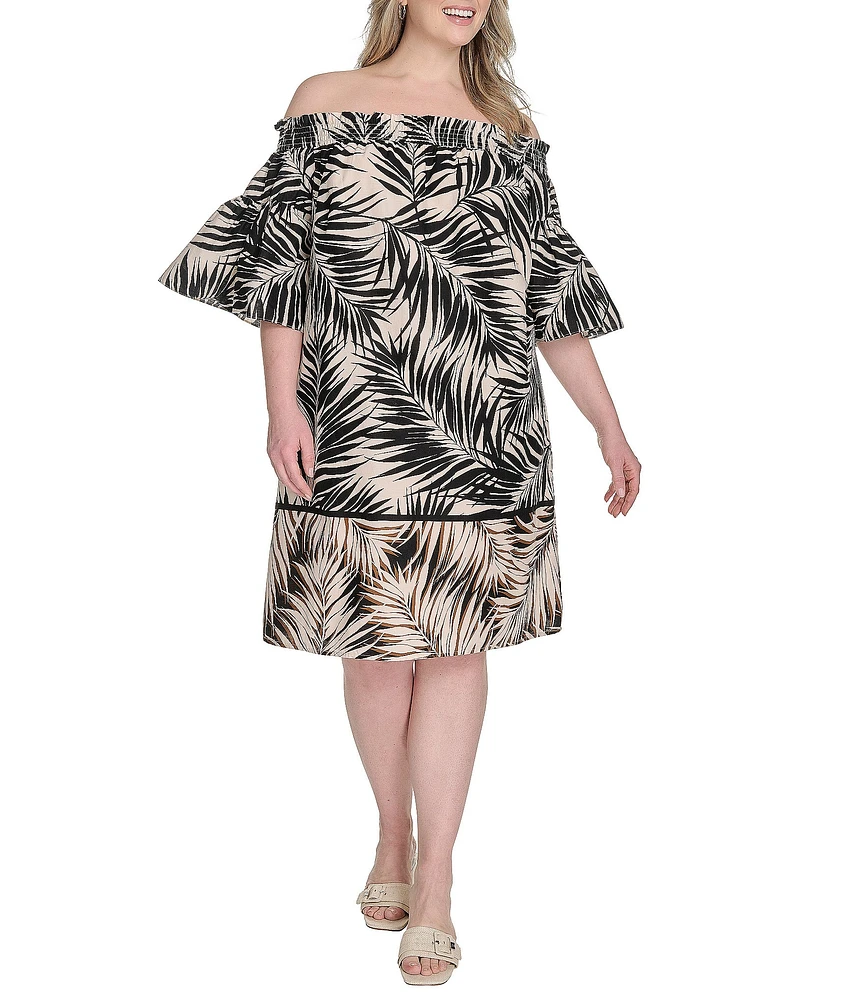 Vince Camuto Plus Size Leaf Printed Poplin Off-The-Shoulder Short Sleeve Shift Dress