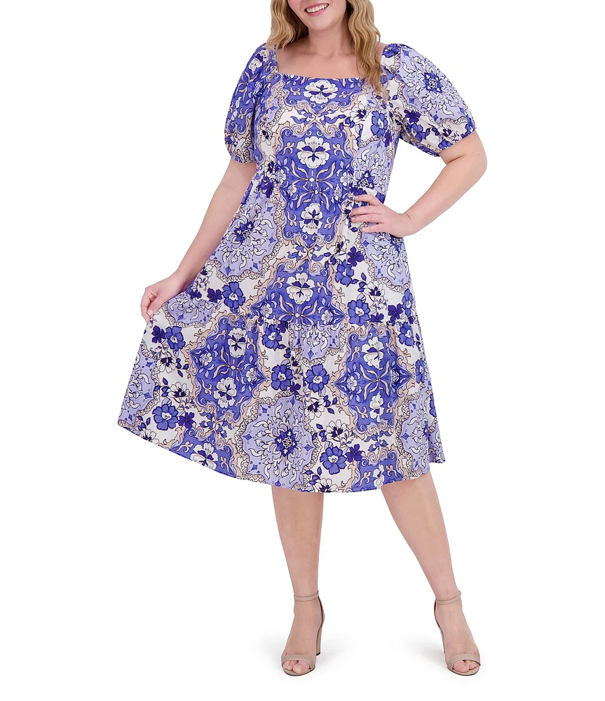 Vince Camuto Plus Size Square Neck Short Puff Sleeve A-Line Midi Dress