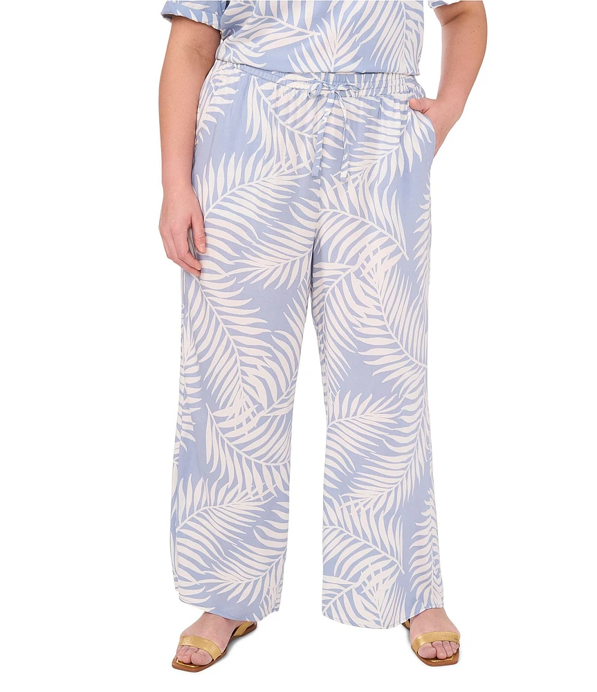 Vince Camuto Plus Size Woven Tropical Palm Print Drawstring Waist Wide Leg Pants