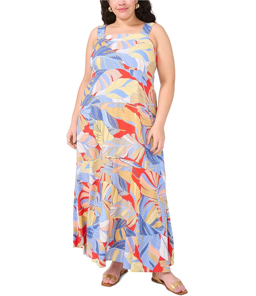 Vince Camuto Plus Size Lake breeze Print Woven Printed Square Neck Sleeveless Tiered Maxi Dress