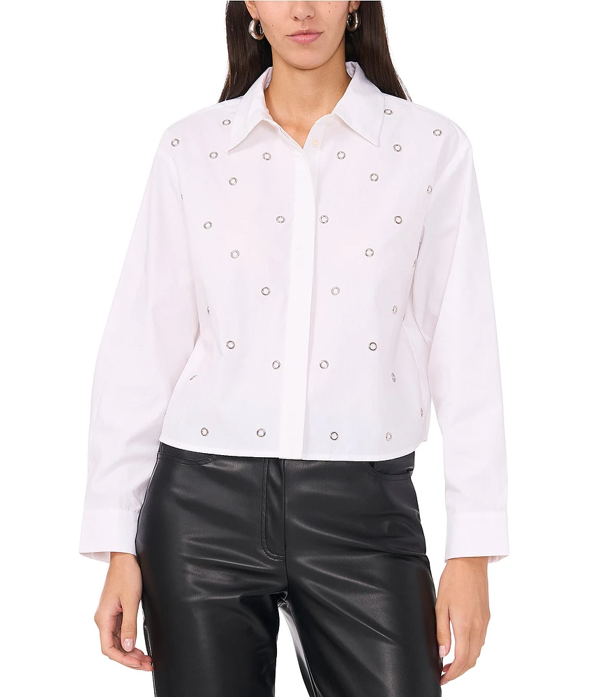 Vince Camuto Poplin Point Collar Long Sleeve Grommet Detail Cropped Button Front Blouse