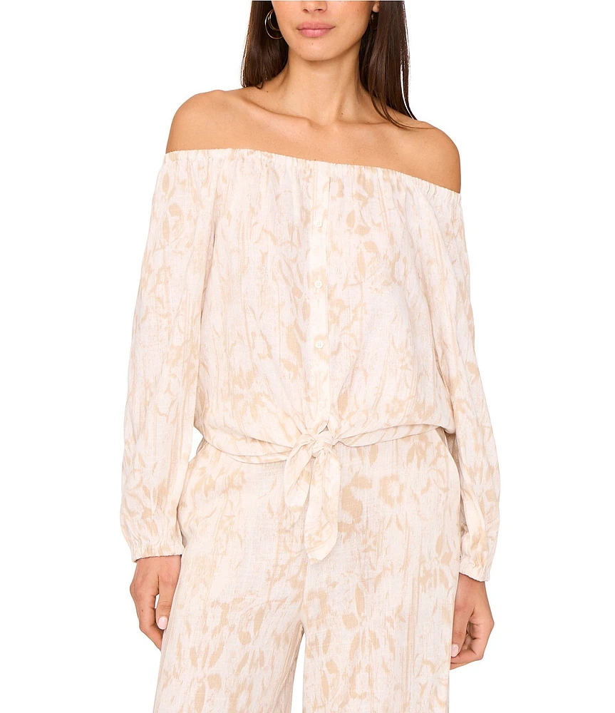 Vince Camuto Printed Off-The-Shoulder Long Sleeve Tie Front Blouse
