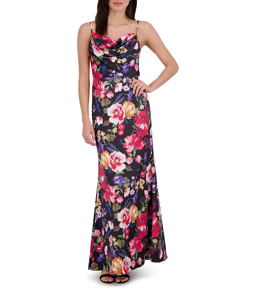 Vince Camuto Satin Floral Print Cowl Neck Sleeveless Gown