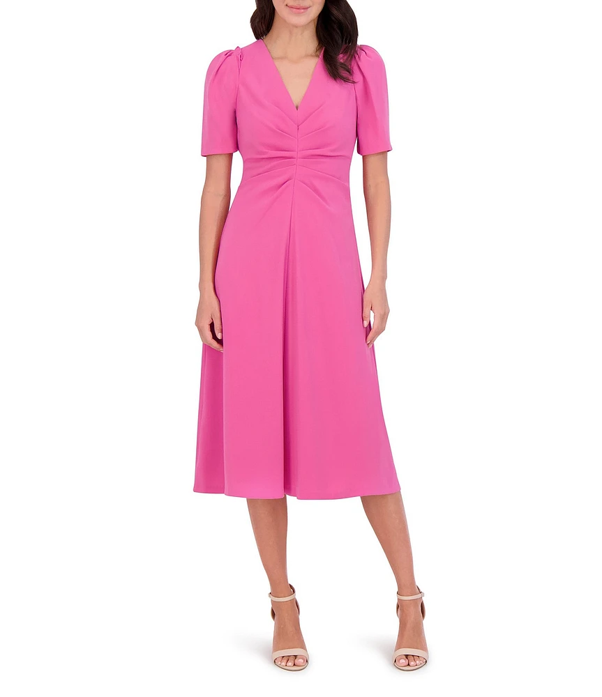 Vince Camuto V-Neck Short Sleeve Midi A-Line Dress