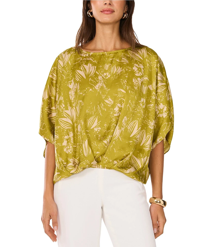 Vince Camuto Woven Floral Print Boat Neck Short Sleeve Blouse