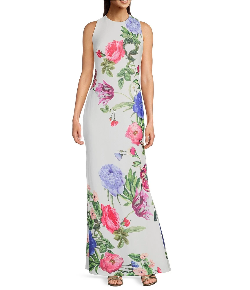 Vince Camuto Woven Floral Print Round Neck Sleeveless Maxi Gown