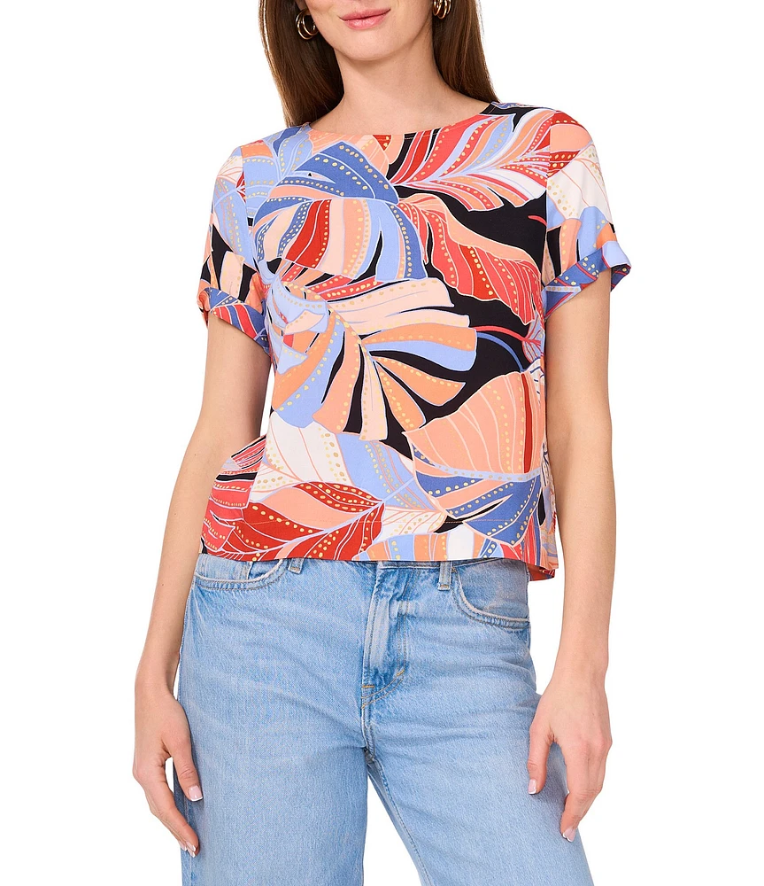 Vince Camuto Woven Crew Neck Tropical Palm Print Boat Neck Short Sleeve Blouse