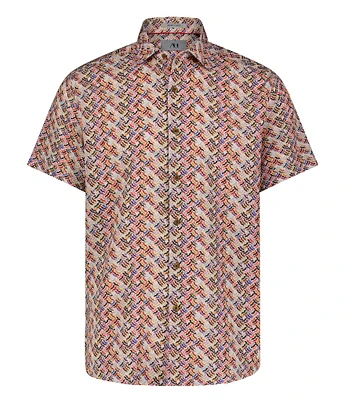 Visconti Multi-Color Stamp Print Stretch Short Sleeve Woven Shirt
