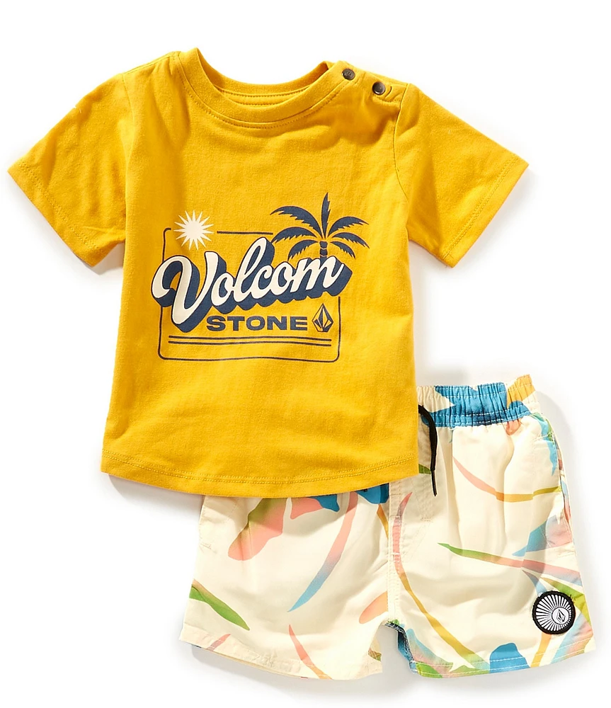 Volcom Baby Boys Short-Sleeve Logo T-Shirt & Coordinating Tropical-Printed Swim Trunks Set