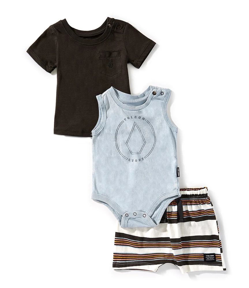Volcom Baby Boys Graphic Tank Bodysuit, Solid T-Shirt, & Stripe Shorts 3-Piece Set