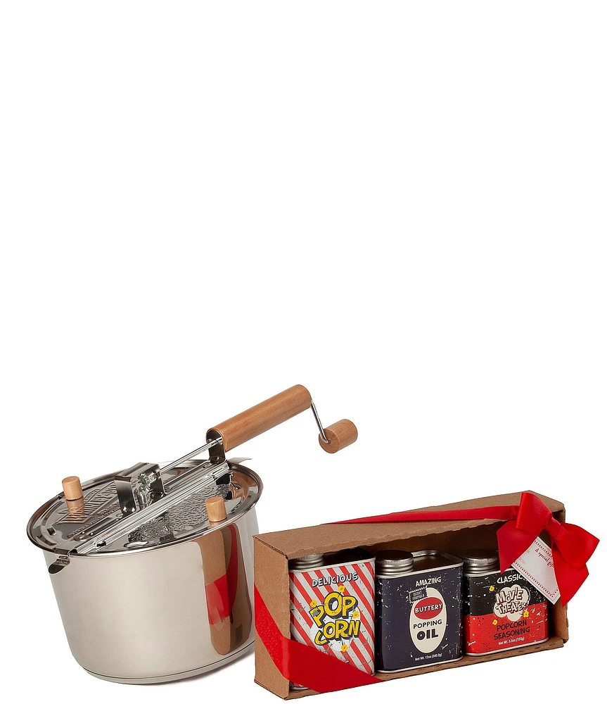 Wabash Valley Farms Retro Popcorn Popping Necessities Set with Stainless Steel Whirley-Pop