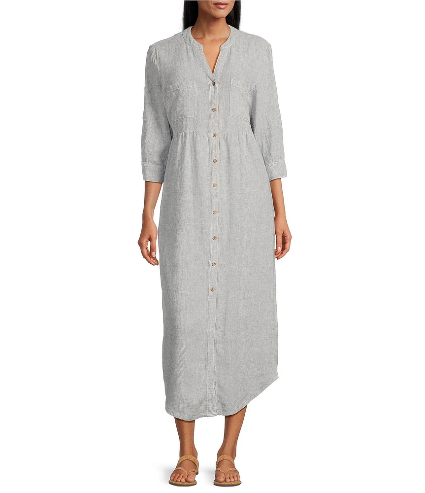 Westbound Stripe 3/4 Rolled Sleeve Y-Neck Button-Front Maxi Shirt Dress