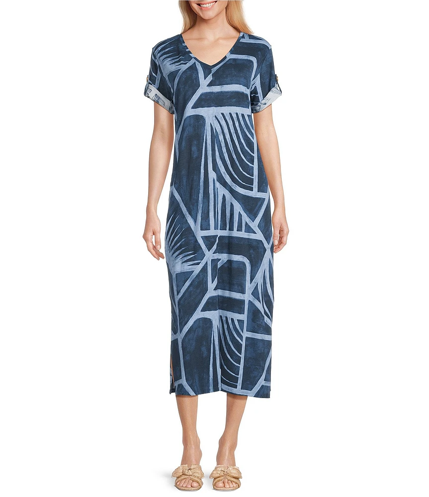 Westbound Blue Geo Tex Short Sleeve V-Neck Midi Dress