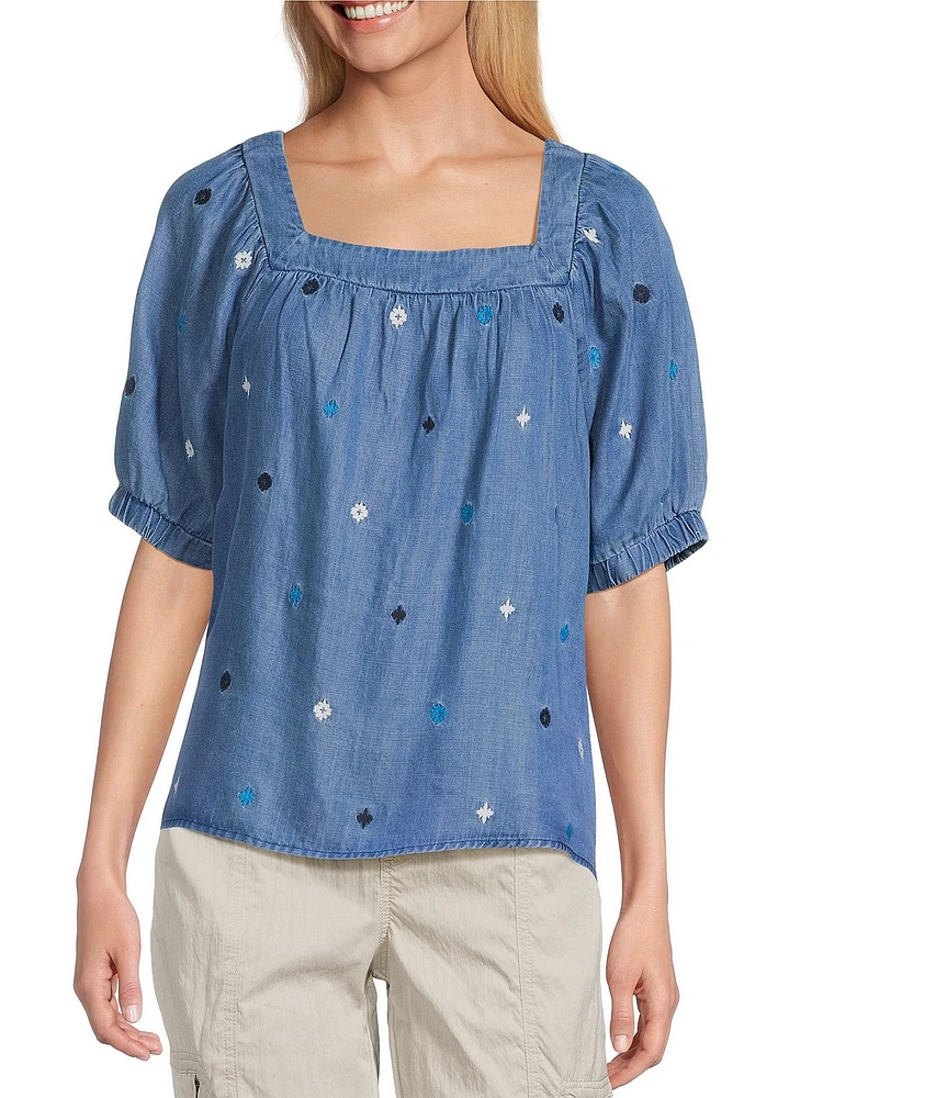 Westbound Embrodered Short Elastic Cuff Sleeve Square Neck Top