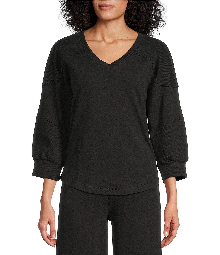 Westbound Knit 3/4 Sleeve V-Neck Stripe Detail Top