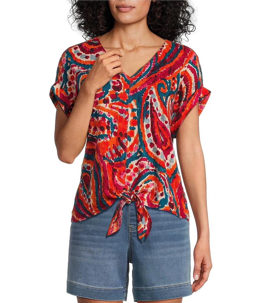 Westbound Paisley Overly Short Sleeve V-Neck Tie Front Top