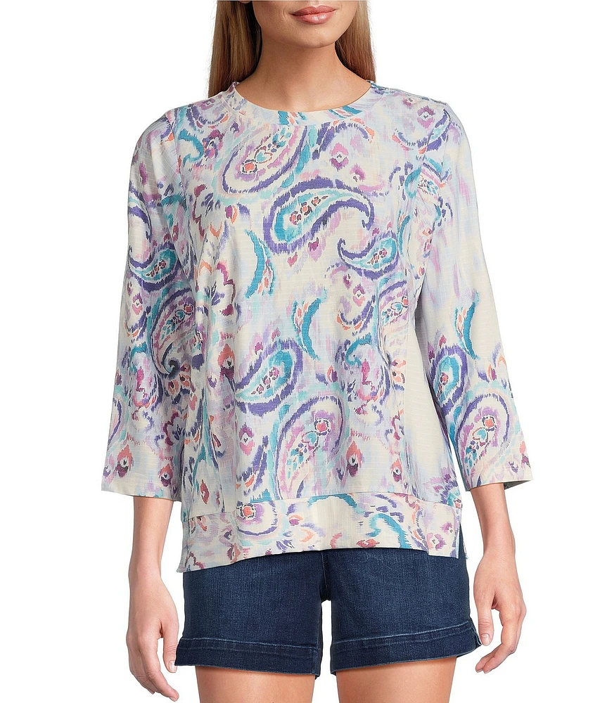 Westbound Petite Size Hazy Paisley Knit 3/4 Sleeve Crew Neck Ribbed Detail Multi Print Top