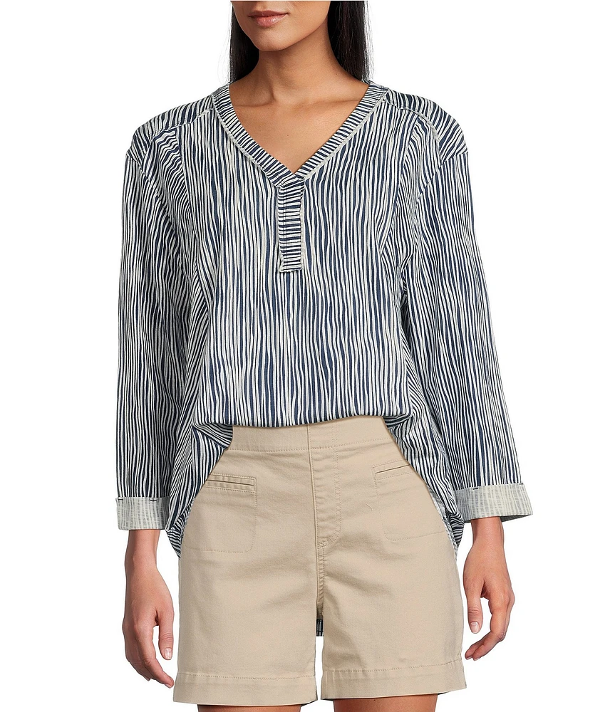 Westbound Petite Size Stripe Print Rolled 3/4 Sleeve Faux Henley Top