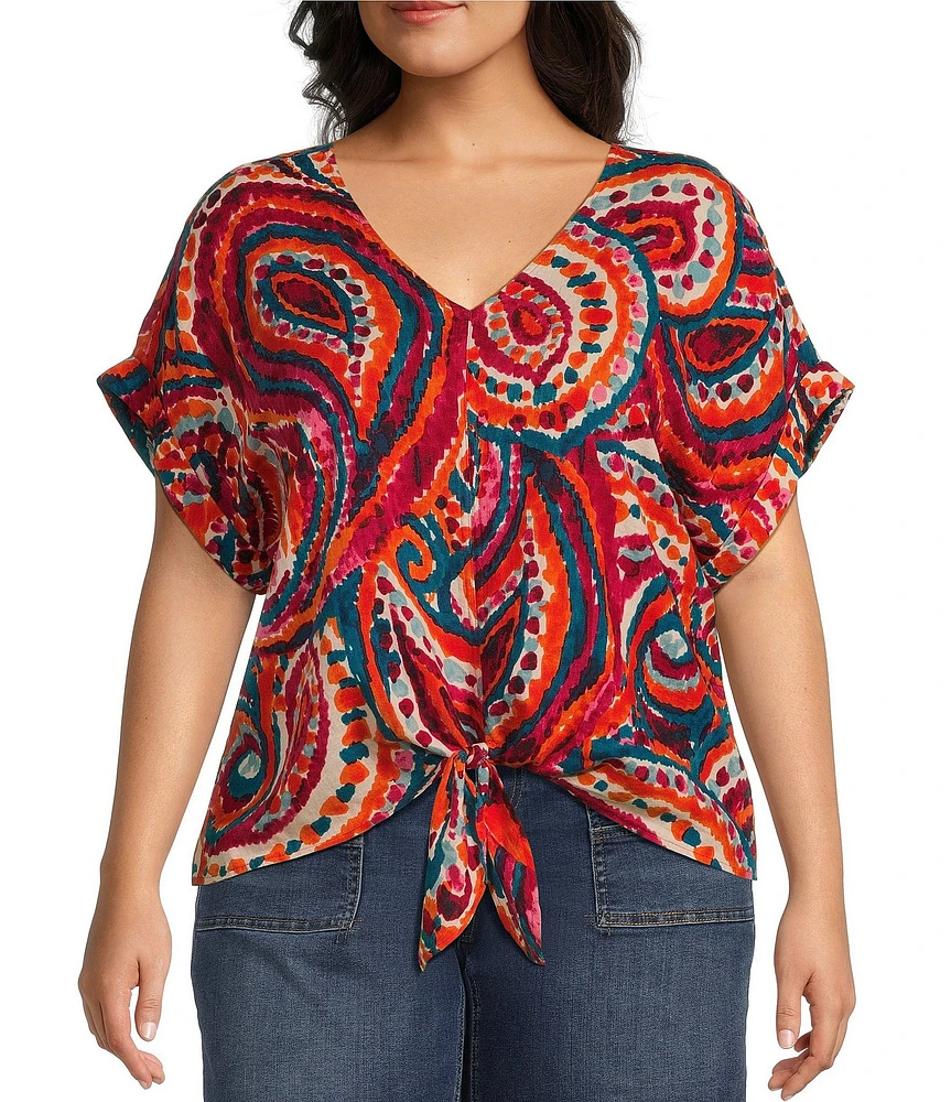 Westbound Plus Size Short Sleeve V-Neck Tie Front Top