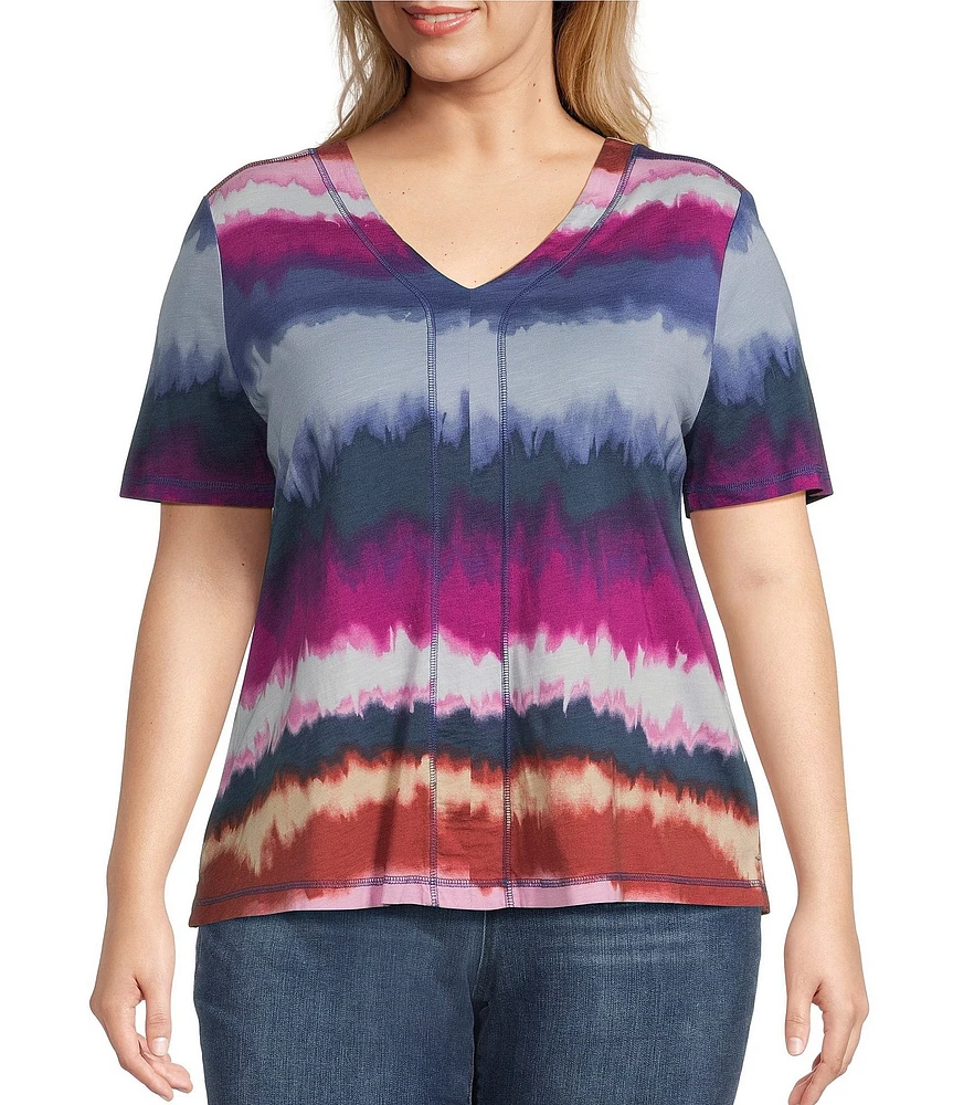 Westbound Plus Size Wavy Stripe Short Sleeve V-Neck Top