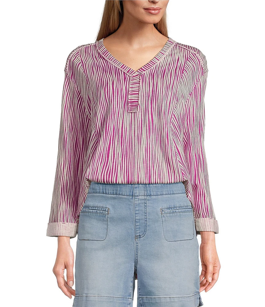 Westbound Stripe Print Rolled 3/4 Sleeve Faux Henley Top