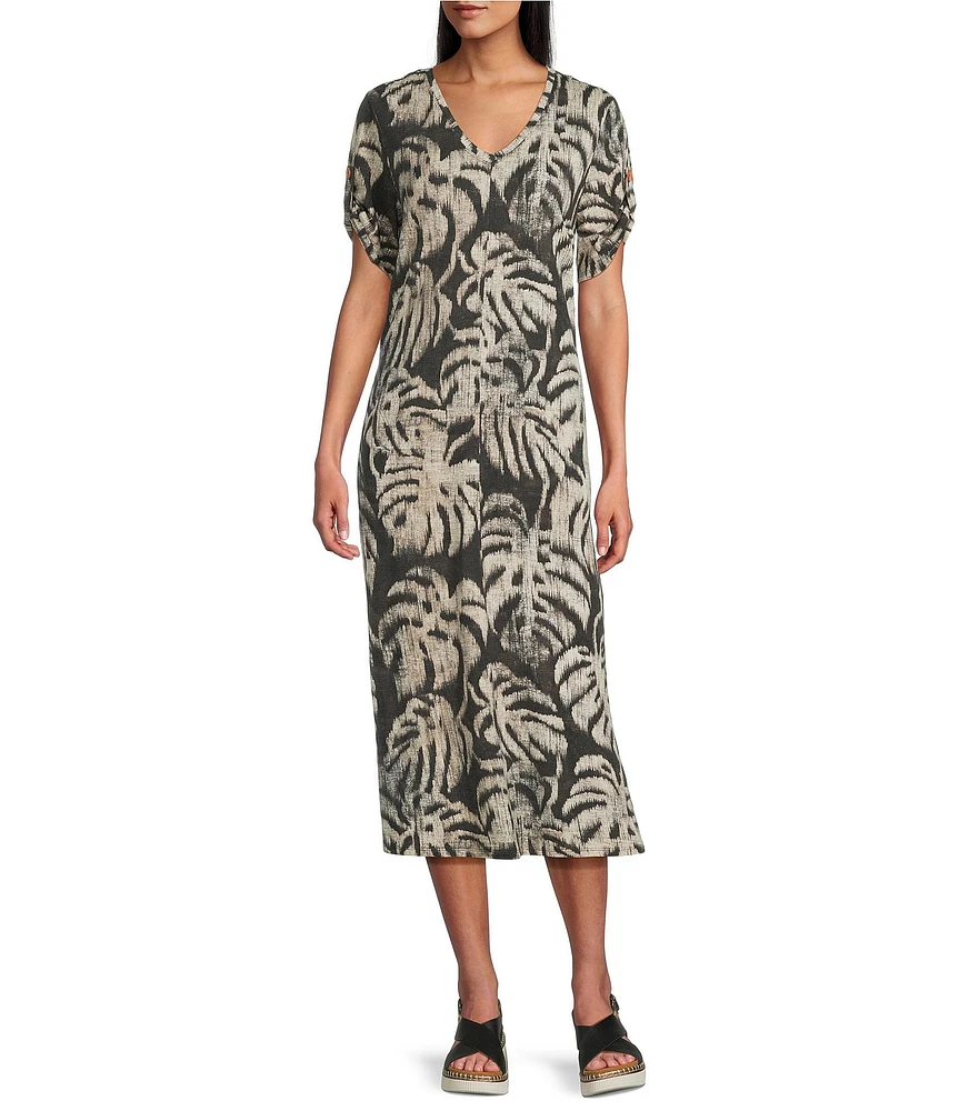 Westbound Sketched Palms Short Sleeve V-Neck Midi Dress