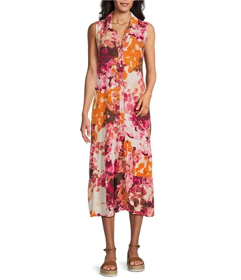 Westbound Sleeveless Button Front Y-Neck A-Line Midi Dress