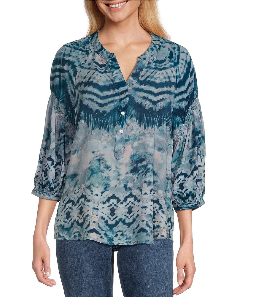 Westbound Woven Tie-Dye Elbow Smock Sleeve Henley Blouse