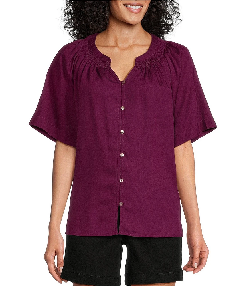Westbound Woven Short Sleeve Y-Neck Button Front Top