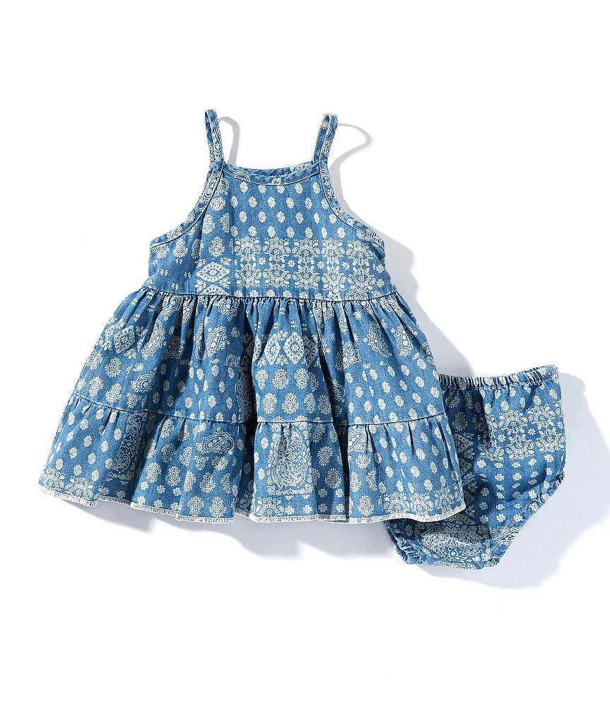 Wrangler® Baby Girls Sleeveless Mixed-Printed Denim Tiered Dress