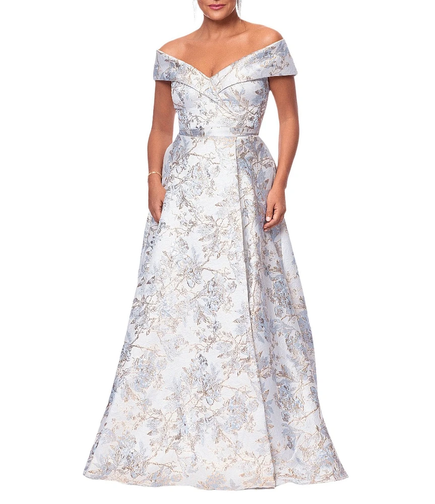 Xscape Brocade Floral Print Sweetheart Neck Short Sleeve A-Line Gown