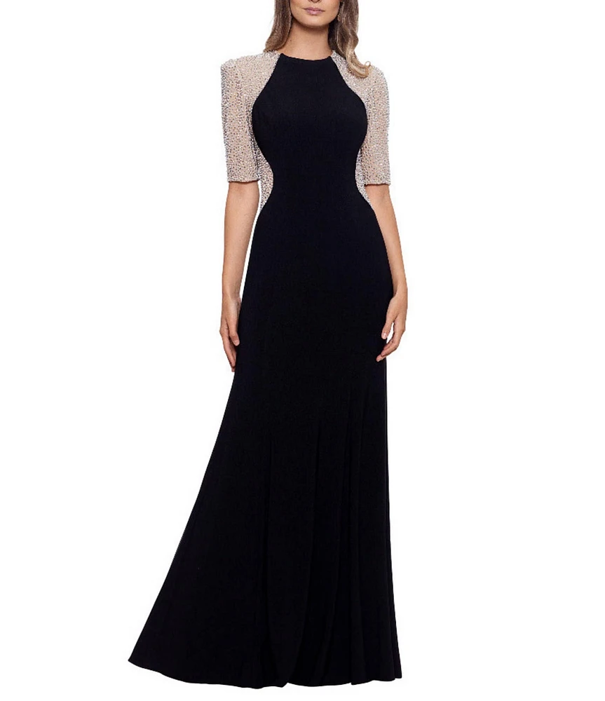 Xscape Caviar Beaded Mesh Short Sleeve Crew Neck Jersey Sheath Gown