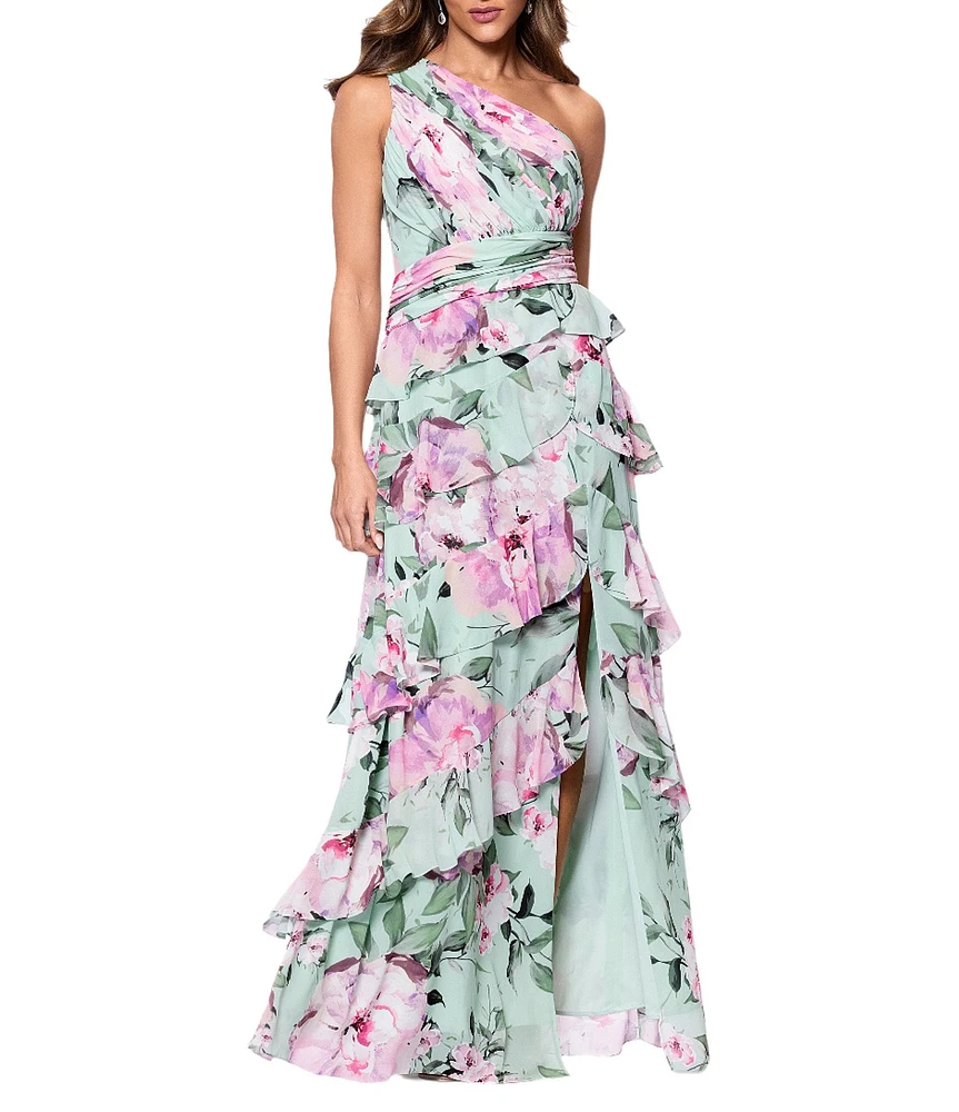 Xscape Chiffon Floral Print One Shoulder Neck Sleeveless Ruffle Gown